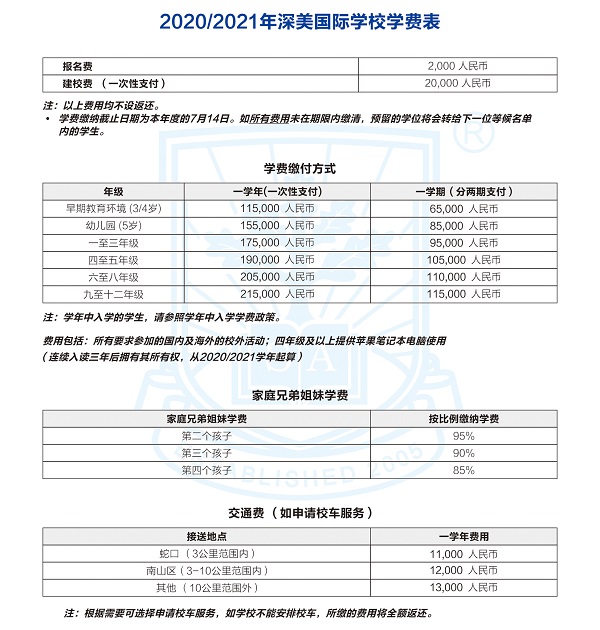 深美國際學校2020學費參考