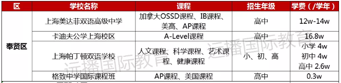 奉賢區國際化學校學費