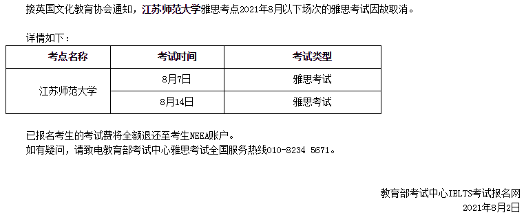 關于取消2021年8月江蘇師范大學部分場次雅思的通知